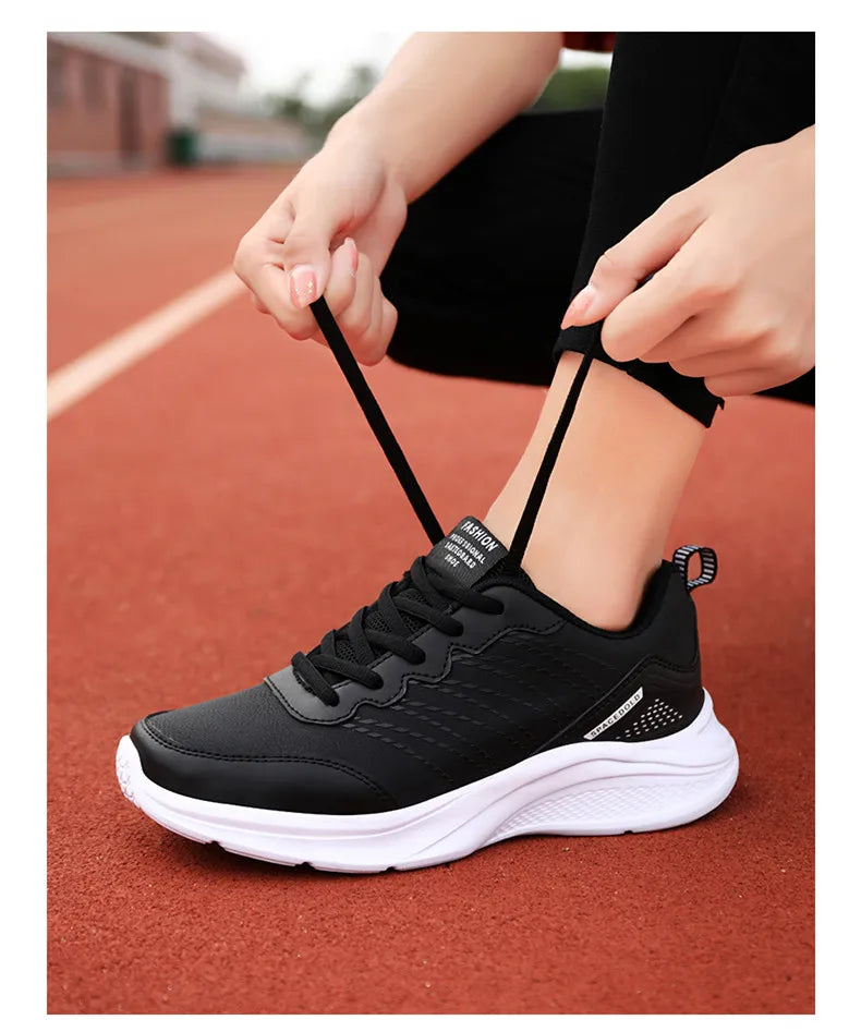 Waterproof Leather Chunky Sneakers for Women, Running Shoes, Casual Sports Shoes, Black Trainers, Autumn, Spring