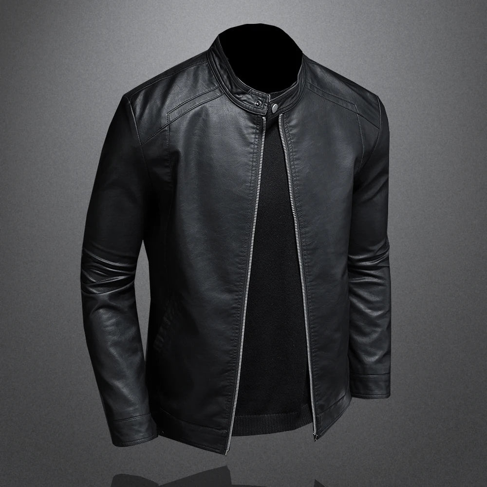 Spring Autumn Leather Jacket Men Stand Collar Slim Pu Leather Jacket Fashion Motorcycle Causal Coat Mens Moto Biker Leather Coat