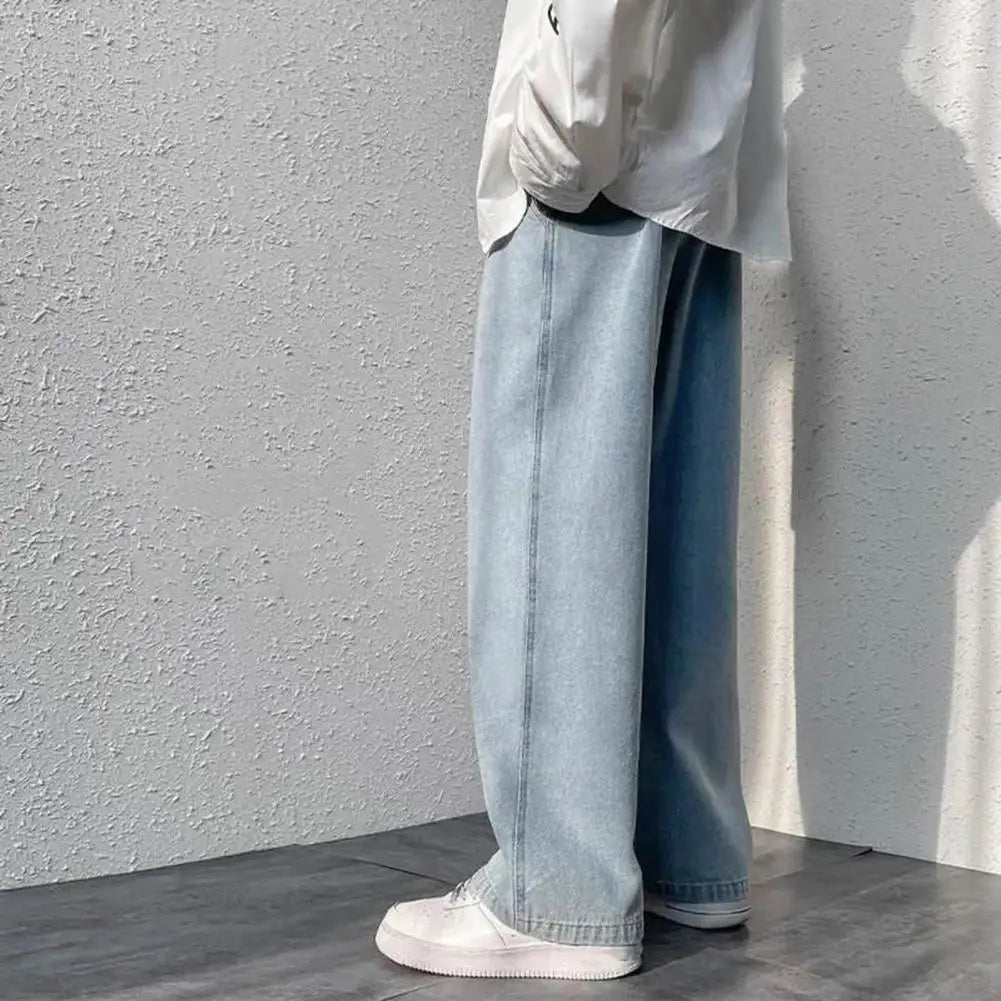 Retro Men Jeans Wide Leg Pants Baggy Fashion Loose Straight Long Pants Washed Denim Blend Wide Leg Jeans