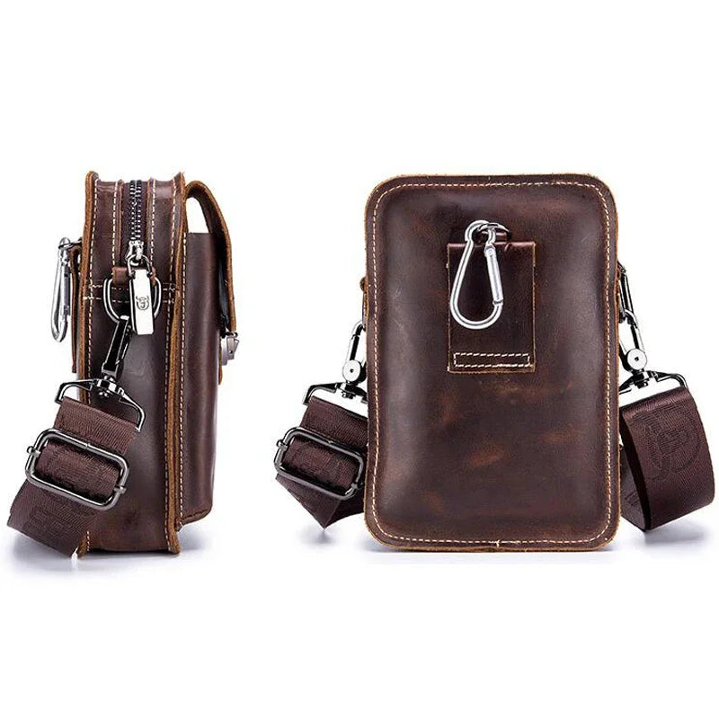 BULLCAPTAIN Crazy horse leather Male Waist Packs Phone Pouch Bags Waist Bag Men's Small chest Shoulder Belt Bag small back pack