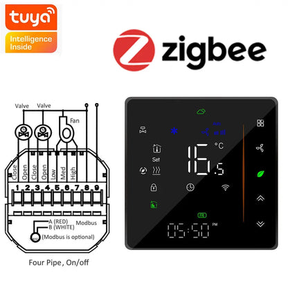 Tuya ZigBee Digital Display Smart Temperature Controller Hvac Thermostat 3 Speed Heating Cooling for Air Conditioning Controller