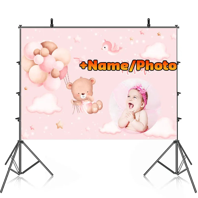 Happy Christening Baptism Birthday Party Backdrop Photography Baby Shower For Pink Bear Background Banner Custom Name Pic