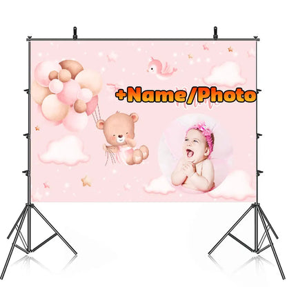 Happy Christening Baptism Birthday Party Backdrop Photography Baby Shower For Pink Bear Background Banner Custom Name Pic