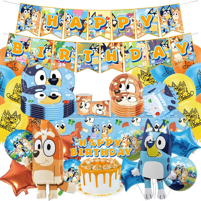 Cute Bluey family Dog Birthday Party cutlery plate Disposable Banner Cake Topper Hanging Flag Balloons Set Birthday Decorations