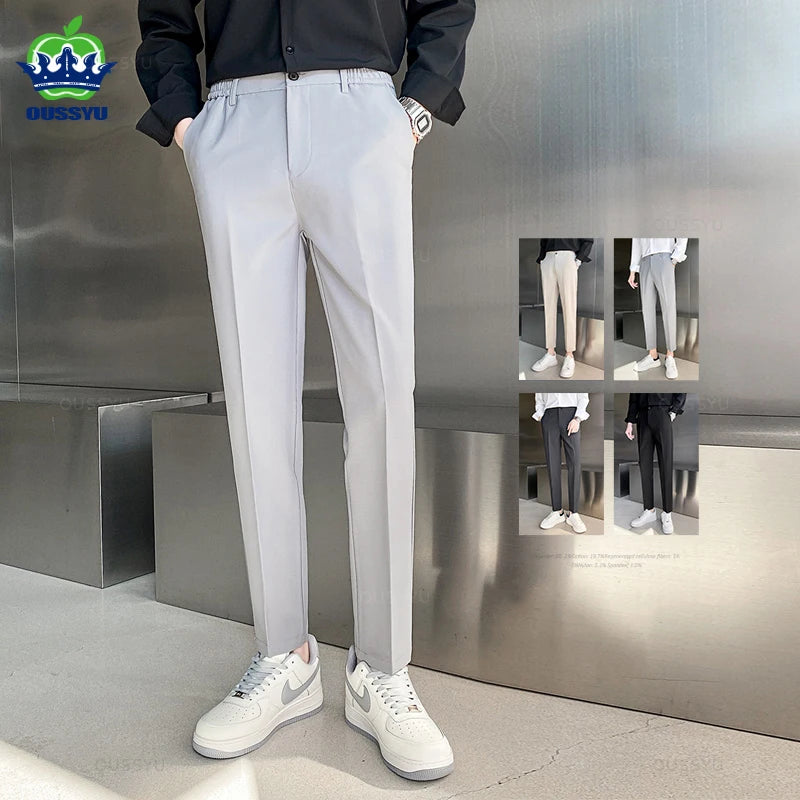 Spring Summer Suit Pants Men Stretch Business Elastic Waist Slim Ankle Length Pant Korean Trousers Male Large Size 40 42