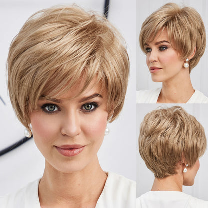 Light Blonde Mixed Off-White Short Pixie Cut Wigs for Women With Bangs Kanekalon Human-hair Like Texture Natural Layered Hair