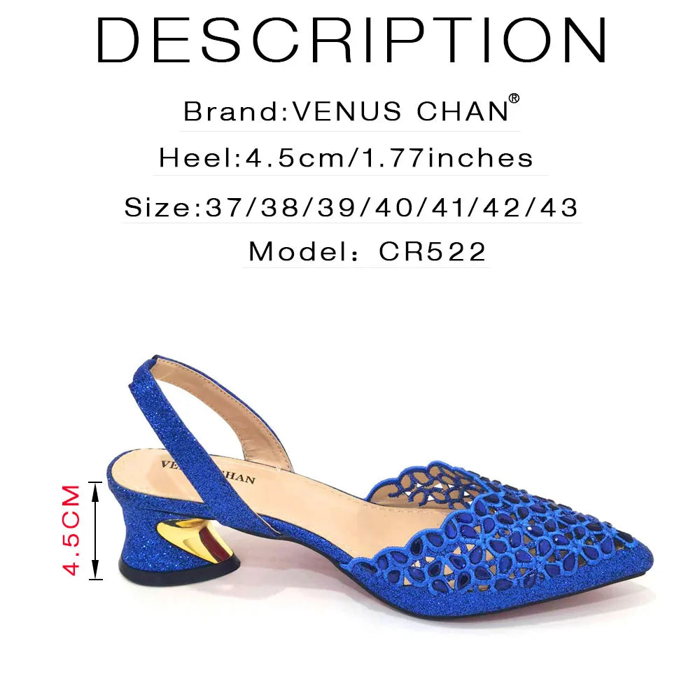 Venus Chan Low Heel Shoes for Women Hollowed Out Embroidery Rhinestone Italian Design Gold Color Pointed-Toe Shoes and Bags Set