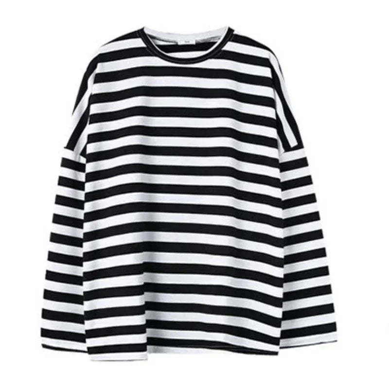 Spring Autumn Women Harajuku Striped T Shirt Long Sleeve O-Neck T-Shirts Korean Casual Oversized T Shirt Femme Black Tops