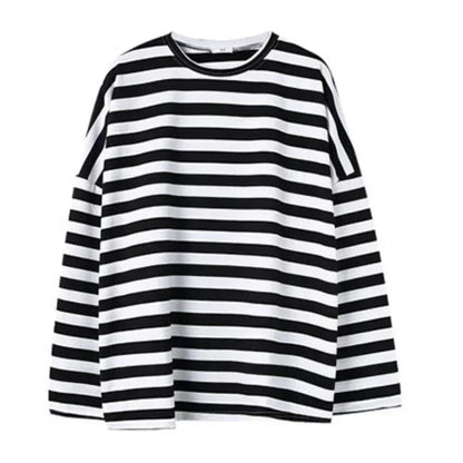 Spring Autumn Women Harajuku Striped T Shirt Long Sleeve O-Neck T-Shirts Korean Casual Oversized T Shirt Femme Black Tops