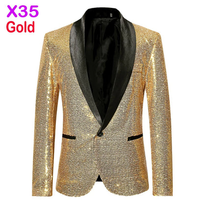 Black Sequin One Button Shawl Collar Suit Jacket Men Bling Glitter Nightclub Prom DJ Blazer Jacket Men Stage Clothes for Singers