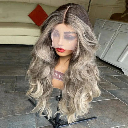 28 Inches Ombre Ash Grey Blonde Body Wave Synthetic Lace Front Wig Free Part Lace Wig With Natural Preplucked Hairline For Women