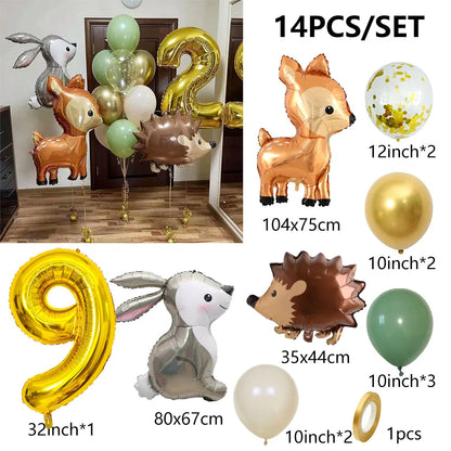 14pcs Gold 32inch Number Animal Foil Balloon Birthday Party Decorations Kids Boy Girl 1 2 3 4 5 6 7 8 9 Year Old Safari Supplies