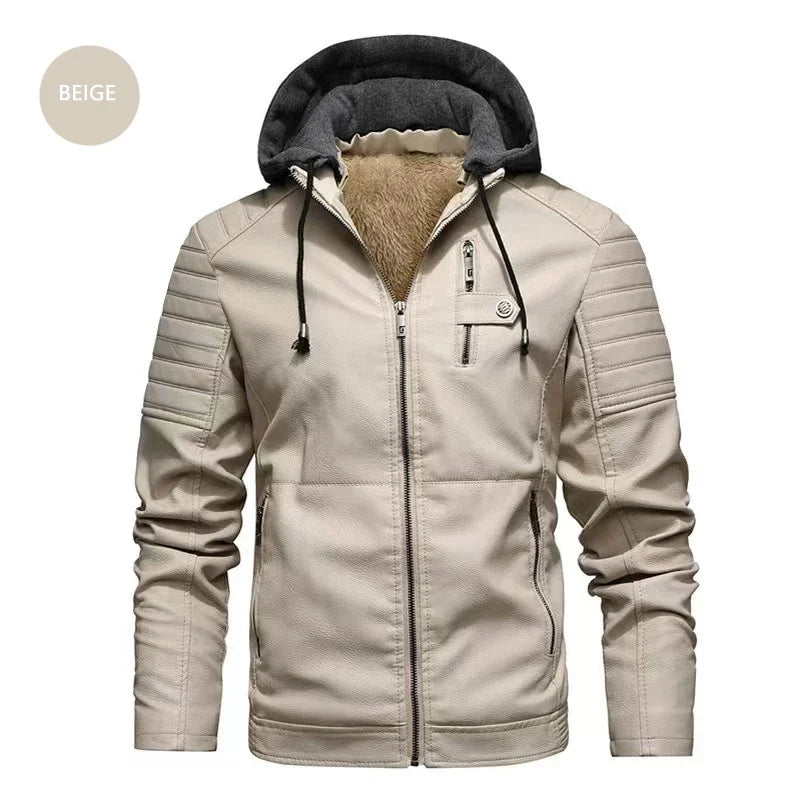 Fashion Men's Hooded Jacket Autumn Winter Faux Leather Jacket Men Military Style Outwear Motocycle New Brand Zipper Pockets Coat