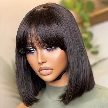 Nature Black Straight Bob Wigs With Bang Sleek Brazilian Short Hair Bob Wigs For Black Women Red 99J Glueless Machine Made Cheap