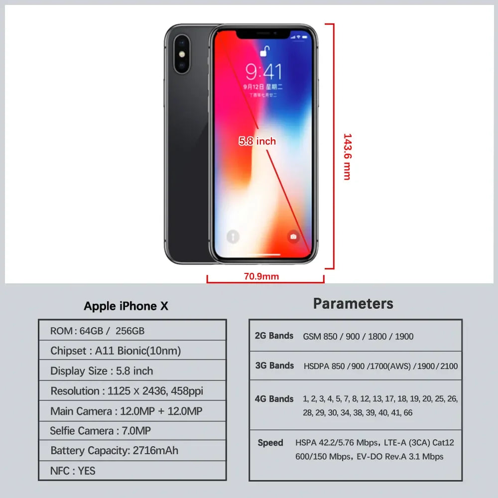 Original Apple iPhone X Face ID 64GB/256GB ROM 5.8" 3GB RAM 12MP Hexa Core iOS A11 Dual Back Camera 4G LTE Unlocked Smart Phone