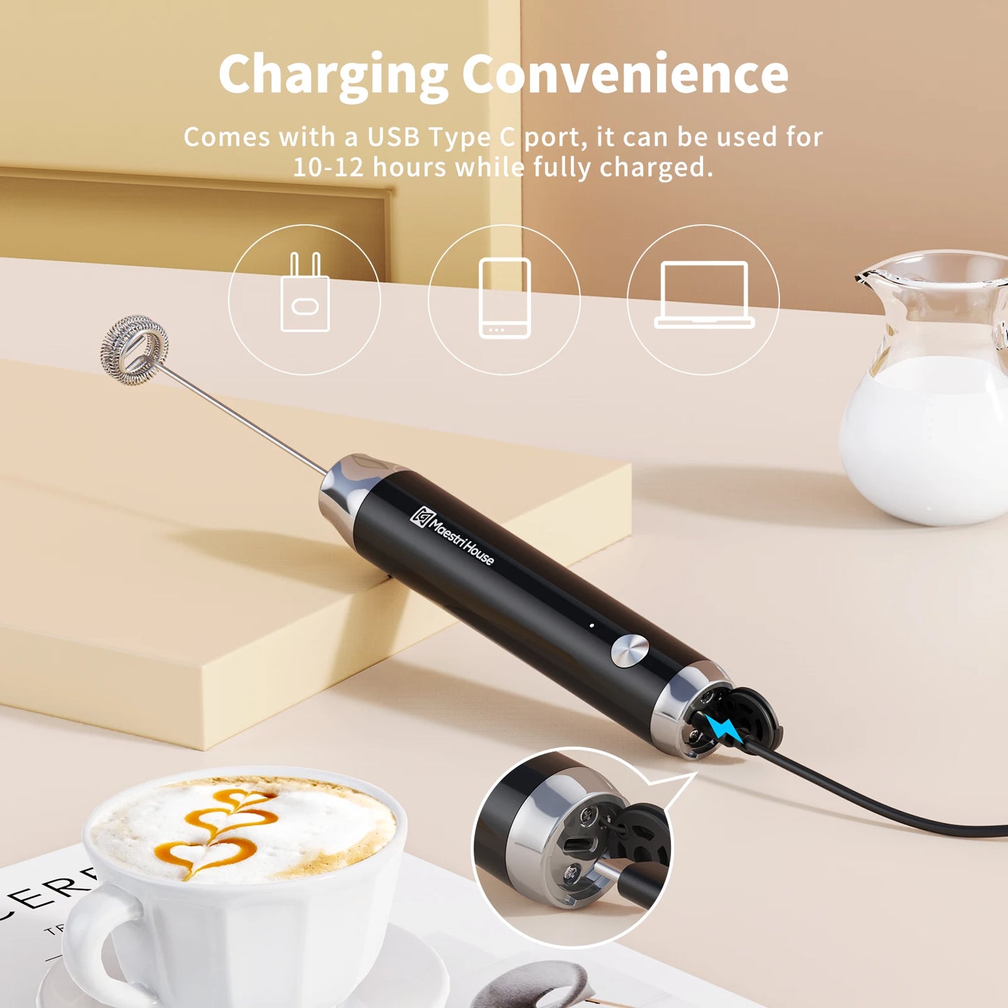 Maestri House Rechargeable Milk Frother with Stand Handheld Electric Foam Maker Waterproof Detachable Stainless Steel Whisk