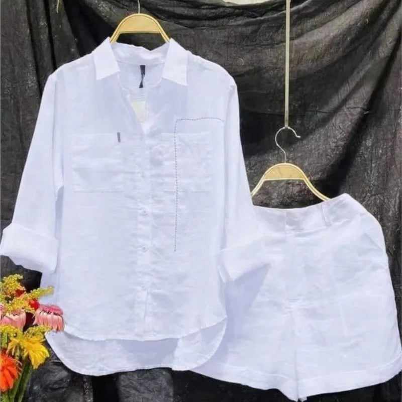 Summer Cotton Linen Casual Home 2 Piece Set For Women 2024 Fashion White Long Sleeve Shirt And Shorts Two Piece Sets Tracksuit