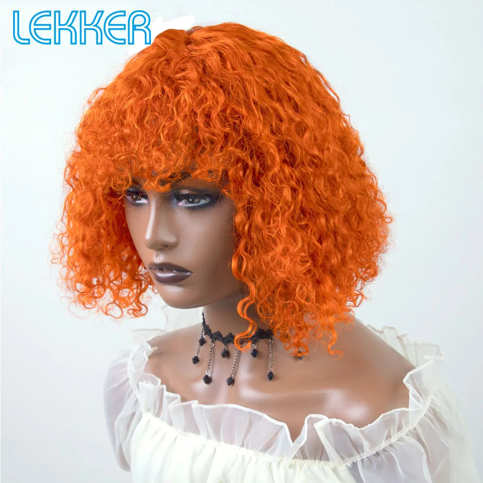 Lekker Colored Short Pixie Afro Kinky Curly Bob 100% Human Hair Wigs With Bangs For Women Brazilian Remy Hair Ombre Brown Wigs