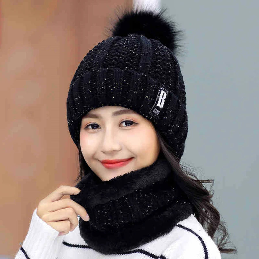 Brand Winter Knitted Scarf Hat Set Thick Warm Skullies Beanies Hats for Women Solid Outdoor Snow Riding Ski Bonnet Caps Girl