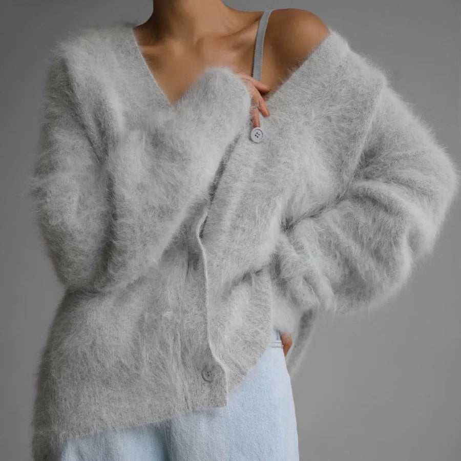 Autumn Fashion Imitation Mink Fur Knitted Cardigan Women Casual Long Sleeve Button Loose Sweater Lady Warm Knitwear Top