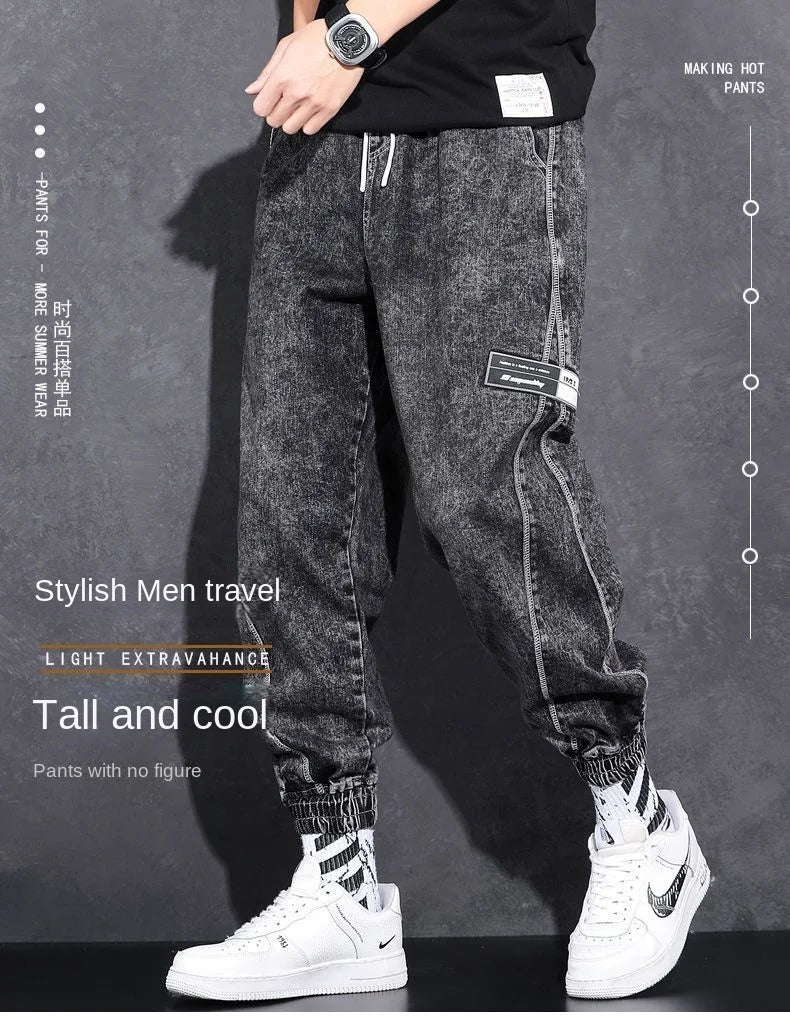 Loose Elastic Waist Denim Jeans for Men 2024 Fashion Casual Spring Workwear Foot-Tied Pants with Brand Workwear Baggy Trousers