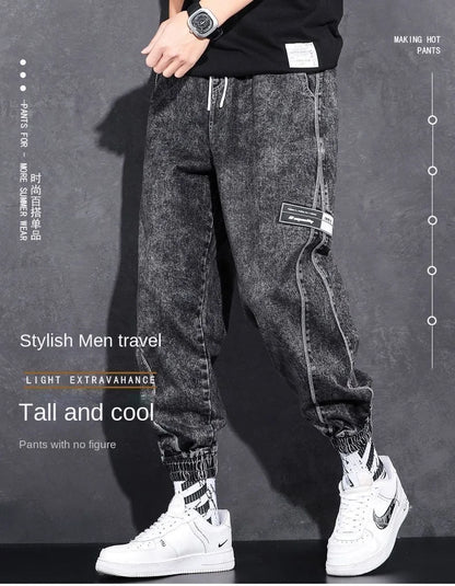 Loose Elastic Waist Denim Jeans for Men 2024 Fashion Casual Spring Workwear Foot-Tied Pants with Brand Workwear Baggy Trousers