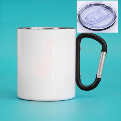 DIY Carabiner Cup with Cap Cover Lid Option 300ML Customized Logo Photo Stainless Steel Mug Hiker Outdoor Camp Travel Portable