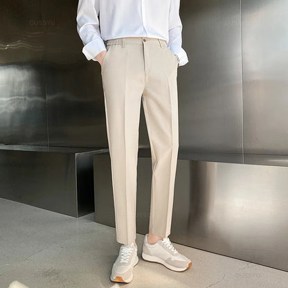 Spring Summer Suit Pants Men Stretch Business Elastic Waist Slim Ankle Length Pant Korean Trousers Male Large Size 40 42