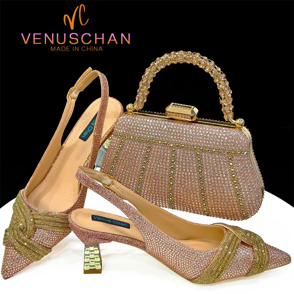 Venus Chan-Nigerian Heel Party for Women Shoes and Bag Set Champagne Colour Rhinestone Handbag Italian Design Wedding INS 2024