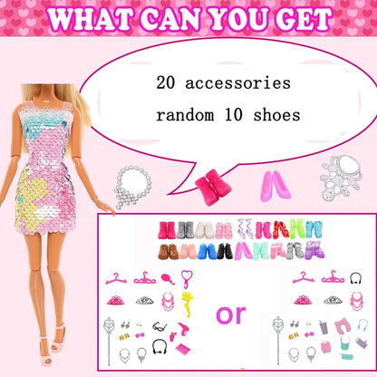 45PCS 11.5'' Doll Clothes =2 Wedding Gown 2 Tops 2 Pants 2 Dress 2 Swimsuit 5 Braces Skirt 10 shoes 22 Accessories for Barbie