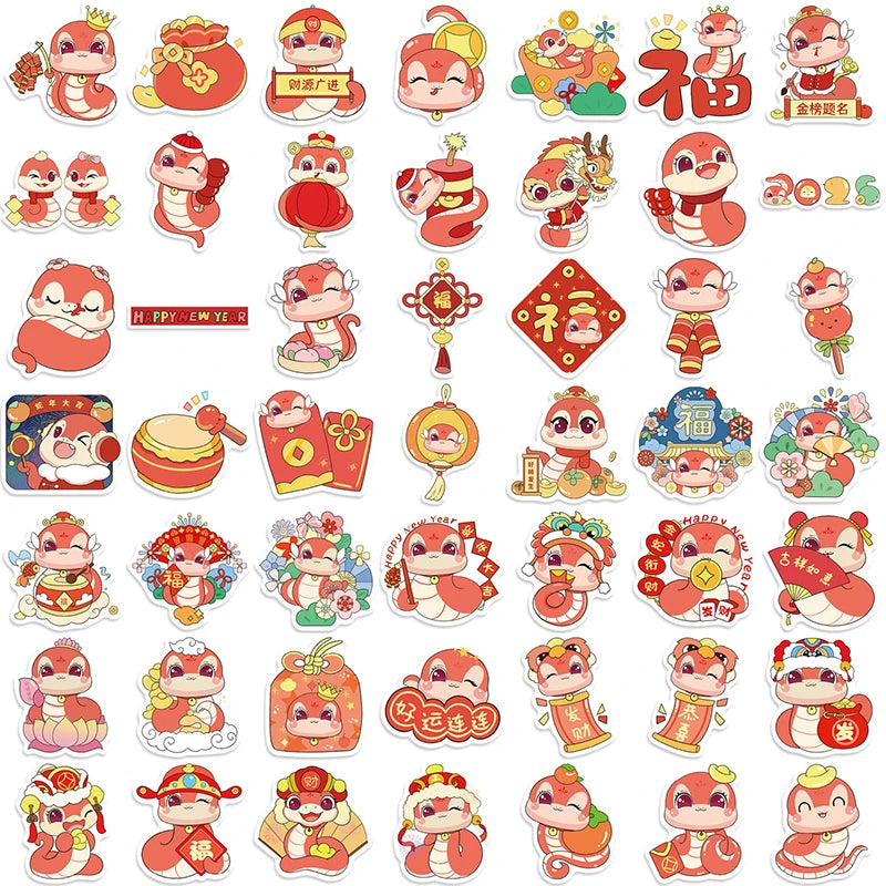 50Pcs Spring Festival Year Of The Snake Stickers Graffiti Decals DIY Phone Case Luggage Guitar Aesthetic Sticker Kids Toys