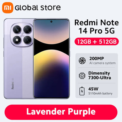 Global Version Redmi Note 14 Pro 5G Smartphone MediaTek Dimensity 7300-Ultra 200MP AI Camera 5110mAh 6.67" AMOLED 45W Charging