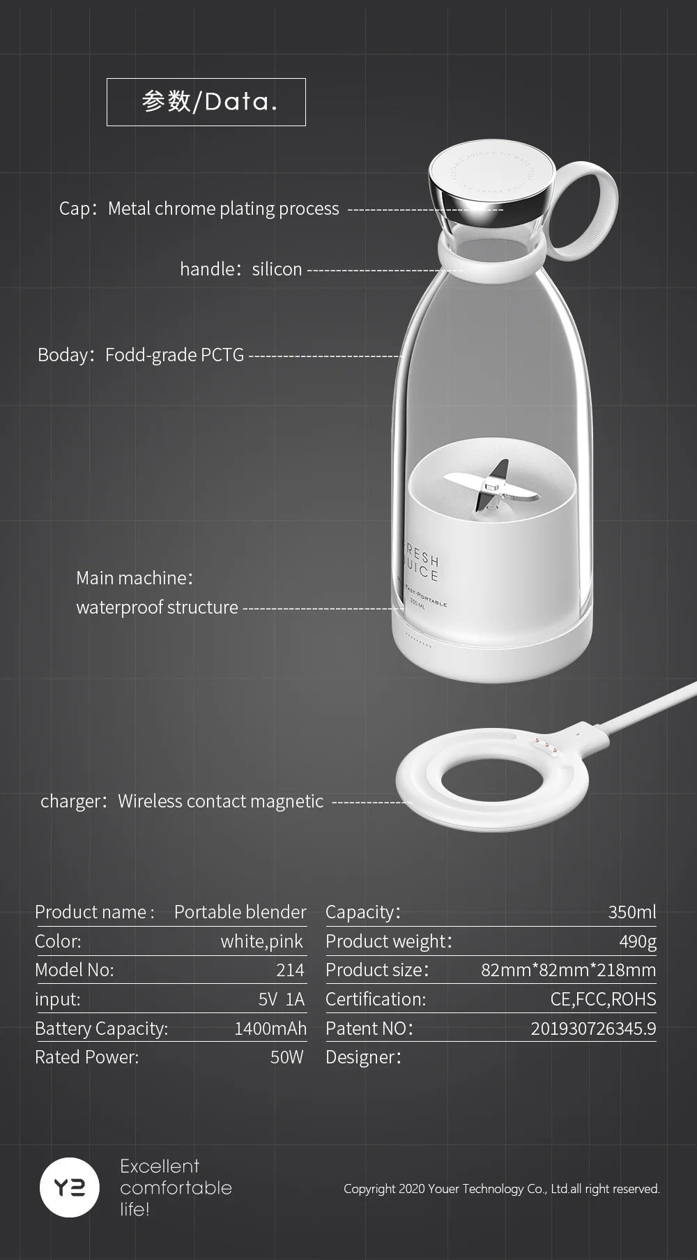 Portable Rechargeable juicer blender wireless mixer fresh juice 350ml With charger