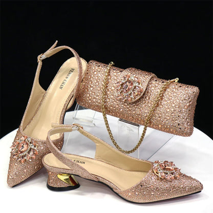 Elegant And Sexy Champagne Color High Heels Shoes And Bag With Rhinestone Embellished Toe Is Comfortable Women's Shoes For Party