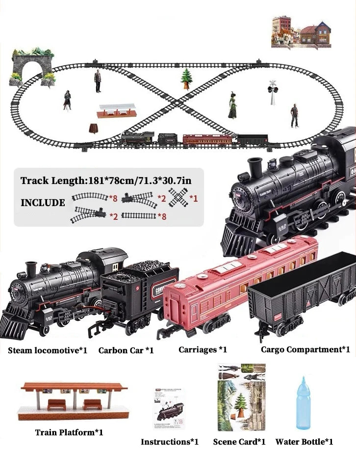 Classical Battery Operate Electric Railway Train Steam Locomotive Set Adding Water to Smoke Train Toys with Light&Sound   ﻿