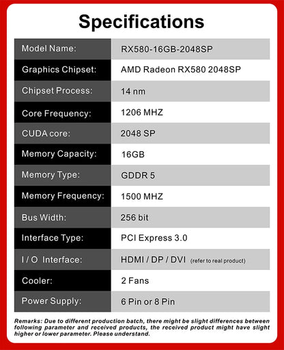 USED Kinology AMD RX 580 8G 16GB 2048SP Gaming Graphics Card GDDR5 256Bit PCI Express 3.0 ×16 Radeon GPU RX580 Series