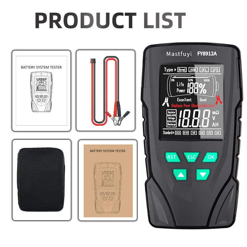 MASTFUYI Car Battery Tester 12V/24V Battery System Analyzer 50-2000CCA Battery Health Display Comprehensive Diagnostic Test Tool