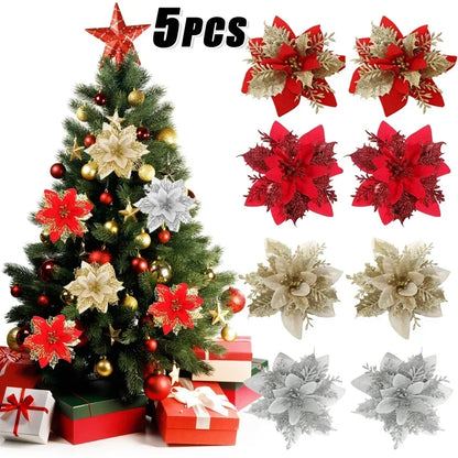 5PC Artificial Flowers Christmas Floral with Clips Xmas Tree Hanging Ornaments Fake Flower for New Year Party Decor Gifts