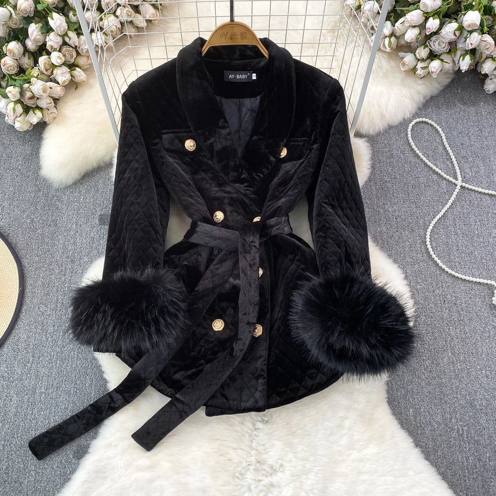 XFPV Women Velvet Feather Lace-up Korean Version Double Breasted Blazer Lapel Long Sleeve Warm Coat Autumn Winter 2025 SM9917