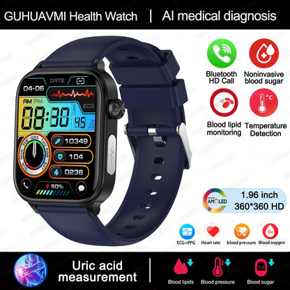 AI Medical Grade Health Smart Watch Women ECG+PPG+HRV Micro Examination Blood Sugar Fat Uric Acid Heart Rate BT Call Smartwatch