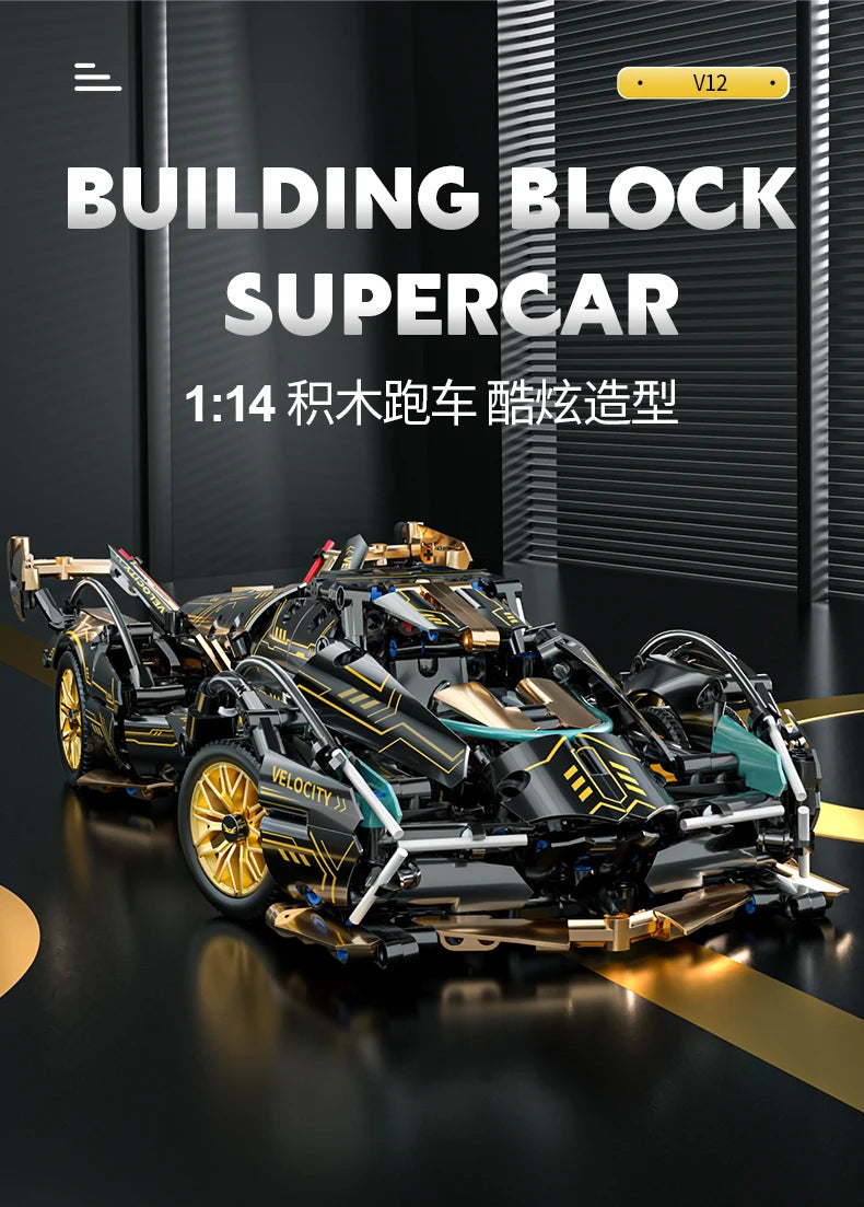 Black V12 Block Roadster RC Tech Racer 1:14DIY Roadster building block assembly Block car toy birthday gift