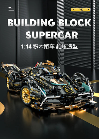 Black V12 Block Roadster RC Tech Racer 1:14DIY Roadster building block assembly Block car toy birthday gift