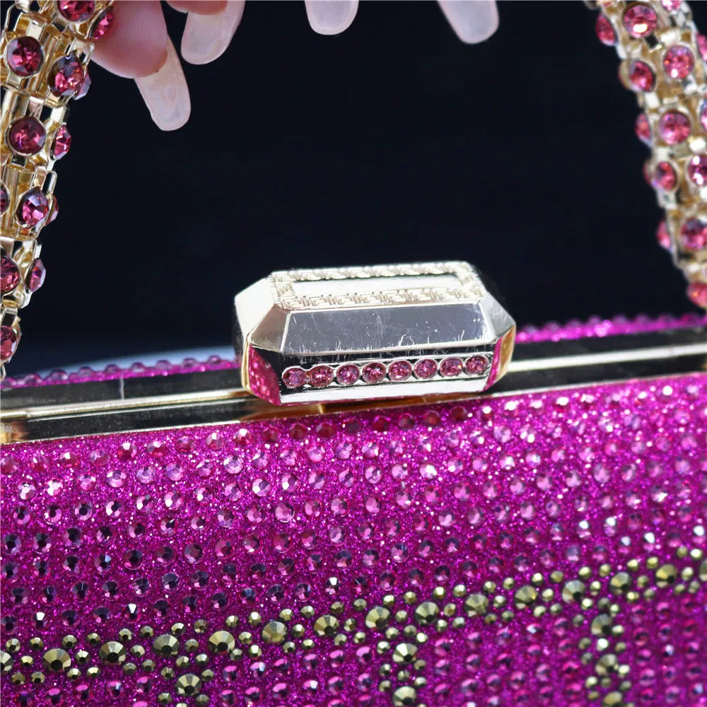 Popular In Nigeria Exquisite Evening Bags With Diamond Design Fashion Handle Clutch Rhinestone Embellished Long Chain Bag