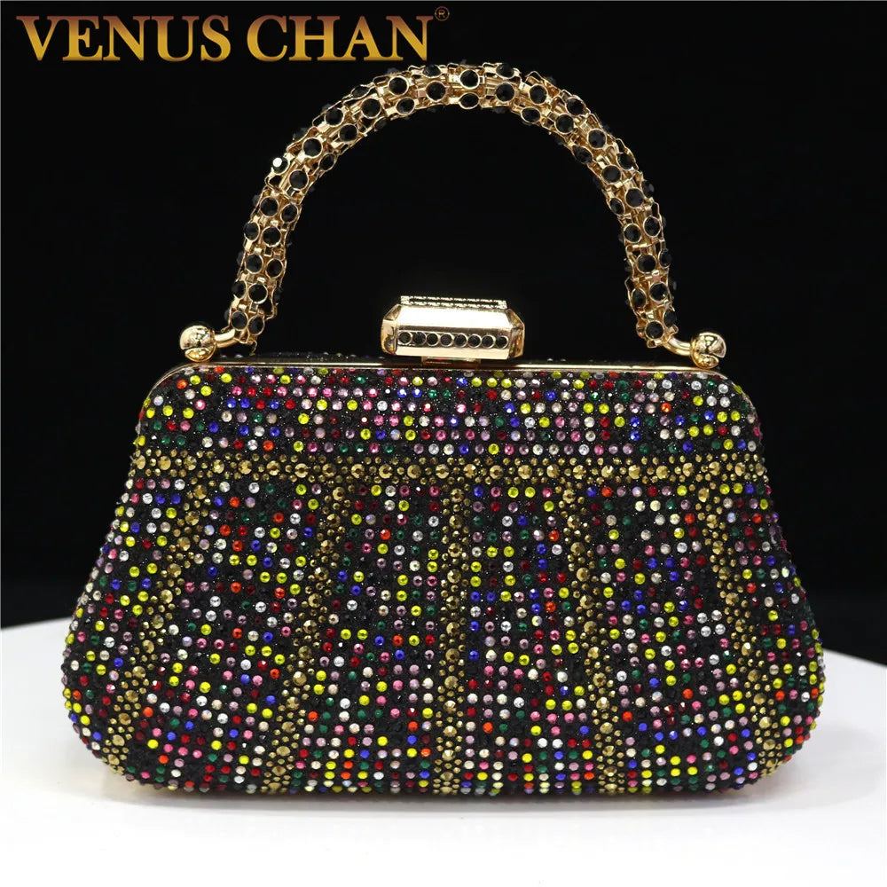 Popular In Nigeria Exquisite Evening Bags With Diamond Design Fashion Handle Clutch Rhinestone Embellished Long Chain Bag