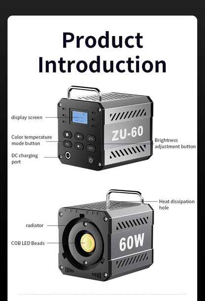 60W COB Video Light CRI≥90 TLCI≥97 Continuous Output Lighting Dual Color Temperature 2700K-6500K Portable Mini Bowens Live Light