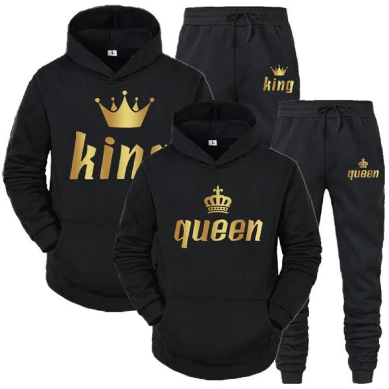 Fashion Long Sleeves KING And QUEEN Printed Hooded Suits Autumn Winter Couple Hoodie + Pants 2-Piece Suit