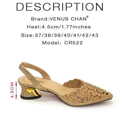 Venus Chan Low Heel Shoes for Women Hollowed Out Embroidery Rhinestone Italian Design Gold Color Pointed-Toe Shoes and Bags Set