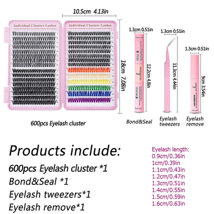 600pcs Colorful Cluster Lashes Eyelash Extension Kit, 9-16mm mix Individual Lash with Bond & Seal, Eyelashes Remover,Tweezers