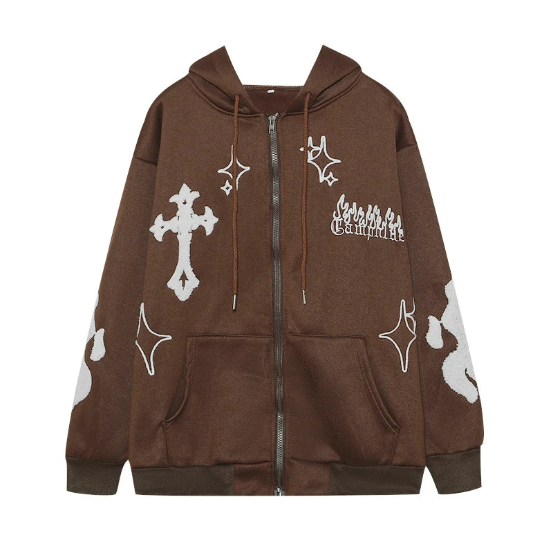 Europe and the United States Autumn and Winter Hoodie Embroidered Cross Fire Jacket Plus Cashmere Lovers Loose Sweater