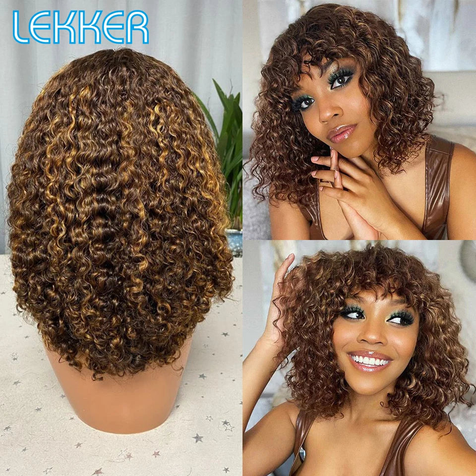 Lekker Colored Short Pixie Afro Kinky Curly Bob 100% Human Hair Wigs With Bangs For Women Brazilian Remy Hair Ombre Brown Wigs